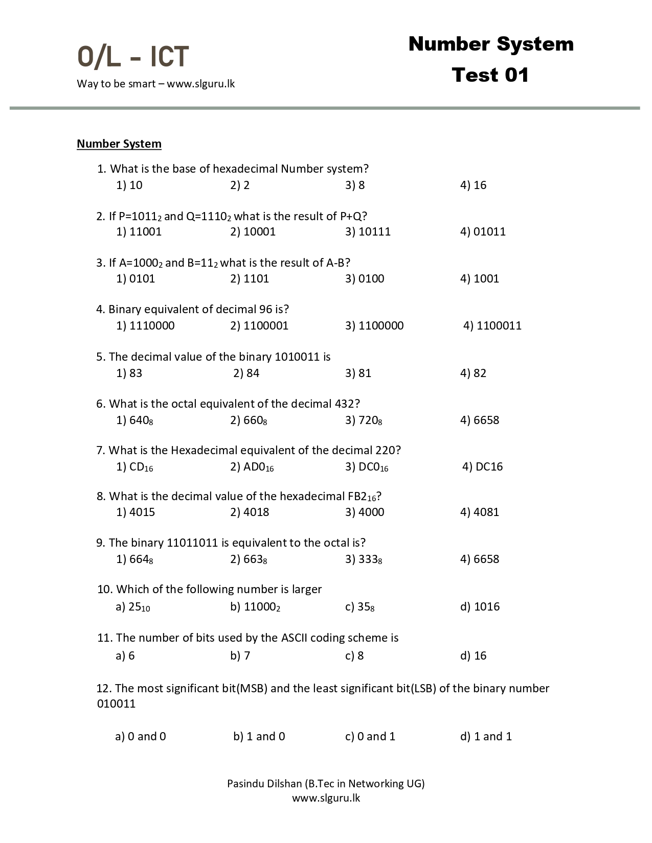 03-Number-System-Test-01 Grade 10 ICT