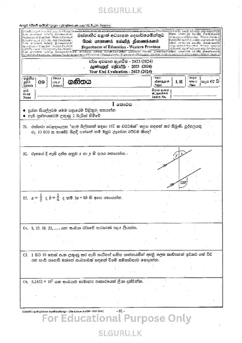 Grade 9 Maths Third Term 2024 Western Province (SM) thumbnail